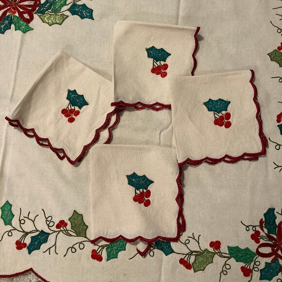 Mid Century Linen Blend Embroidered Metallic Ribbon Holly Tablecloth & Napkins - Picture 1 of 9